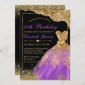 金ゴールド&パープルグリッタードレス誕生日 招待状 (正面/裏面)