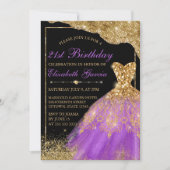 金ゴールド&パープルグリッタードレス21歳の誕生日 招待状 (正面)