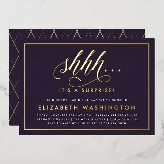 金ゴールド&パープルサプライズ誕生日パーティー 箔招待状 (正面/裏面)