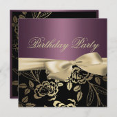 金ゴールド&パープルバラリーフボウ誕生日招待状 招待状 (正面/裏面)