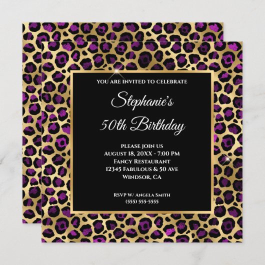 金ゴールド&パープルヒョウ箔グラム50誕生日 招待状 (正面/裏面)