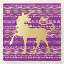 金ゴールド&パープルボヘミアンパターン&ユニコーンパターン ガラスコースター