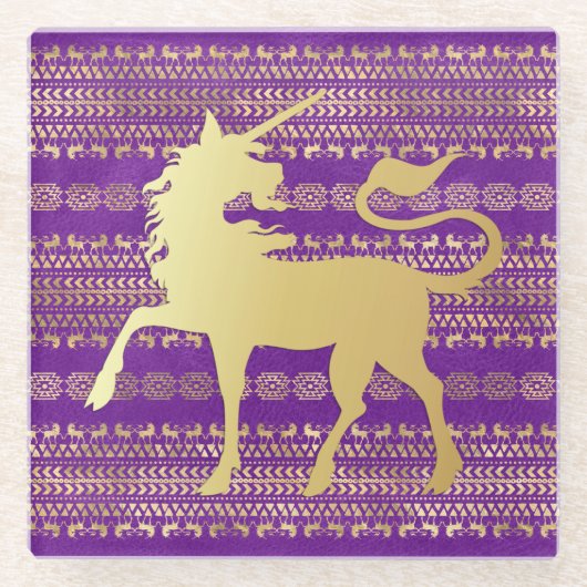 金ゴールド&パープルボヘミアンパターン&ユニコーンパターン ガラスコースター (正面)