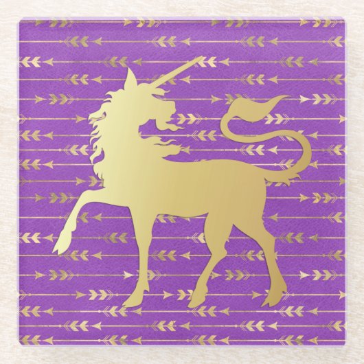 金ゴールド&パープルボヘミアンパターン&ユニコーン ガラスコースター (正面)