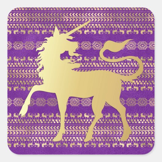 金ゴールド&パープルボヘミアンパターン&ユニコーン スクエアシール (正面)