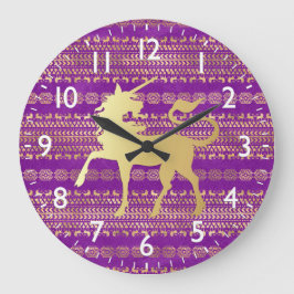 金ゴールド&パープルボヘミアンパターン&ユニコーン ラージ壁時計