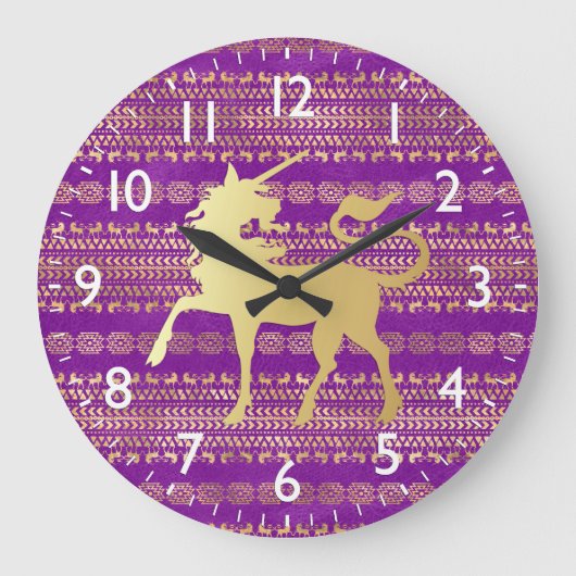 金ゴールド&パープルボヘミアンパターン&ユニコーン ラージ壁時計 (正面)