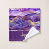 金ゴールド&パープルマーブルアゲート&モノグラムラグジュアリー バスタオルセット (ウォッシュタオル)