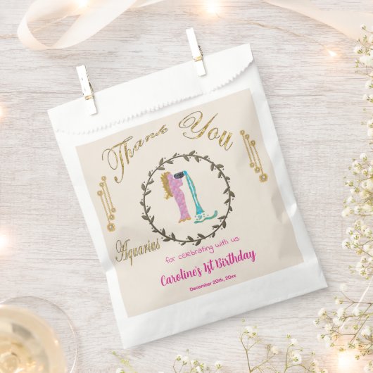 金ゴールド&パールアクエリアス1歳の誕生日ありがとう フェイバーバッグ (クリップ留めされた状態)
