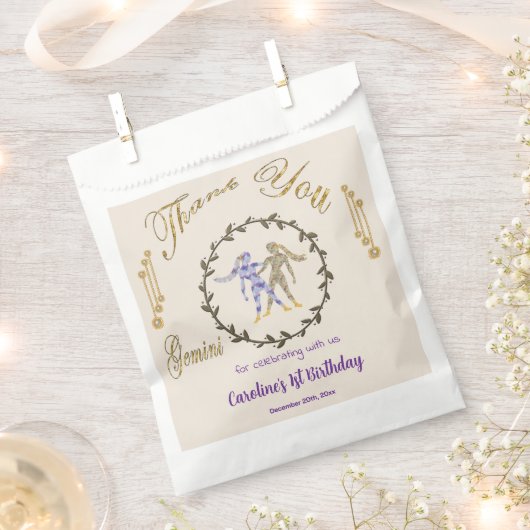 金ゴールド&パールスジェミニ1st誕生日ありがとう フェイバーバッグ (クリップ留めされた状態)