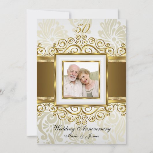 金ゴールド&パールスワールダマスク写真50周年記念 招待状 (正面)