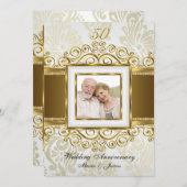 金ゴールド&パールスワールダマスク写真50周年記念 招待状 (正面/裏面)