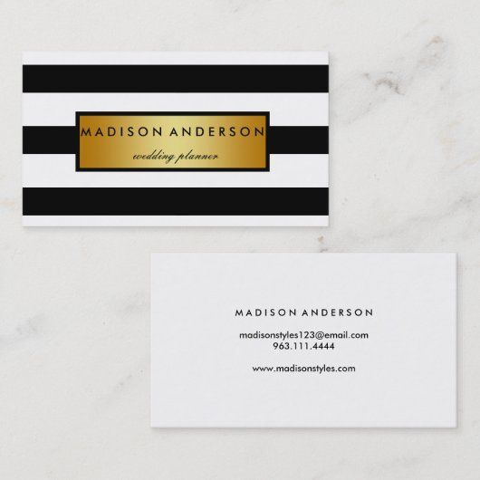 金ゴールド・ビジネス・カードにストライプ黒と白のシックな 名刺 (正面/裏面)