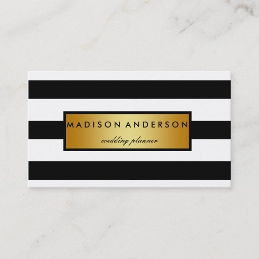 金ゴールド・ビジネス・カードにストライプ黒と白のシックな 名刺 (正面)