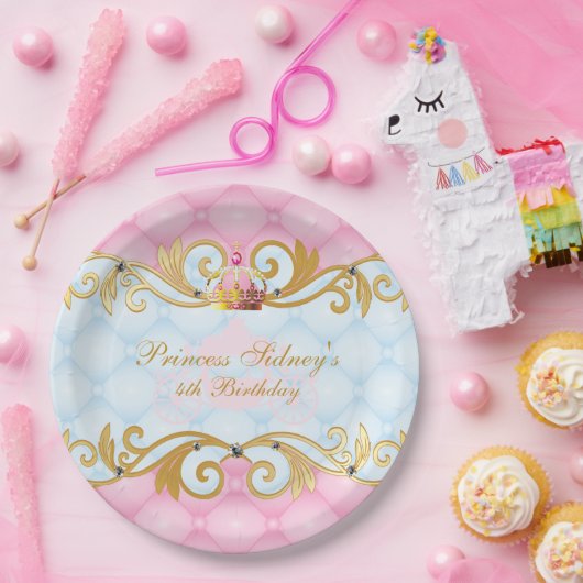金ゴールド、ピンクおよび空色のプリンセスのパーティー ペーパープレート (パーティー)