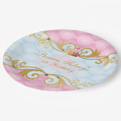 金ゴールド、ピンクおよび空色のプリンセスのパーティー ペーパープレート (アングル)
