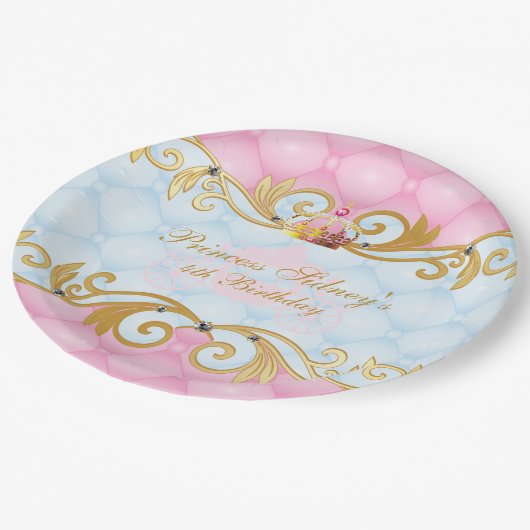 金ゴールド、ピンクおよび空色のプリンセスのパーティー ペーパープレート (アングル)