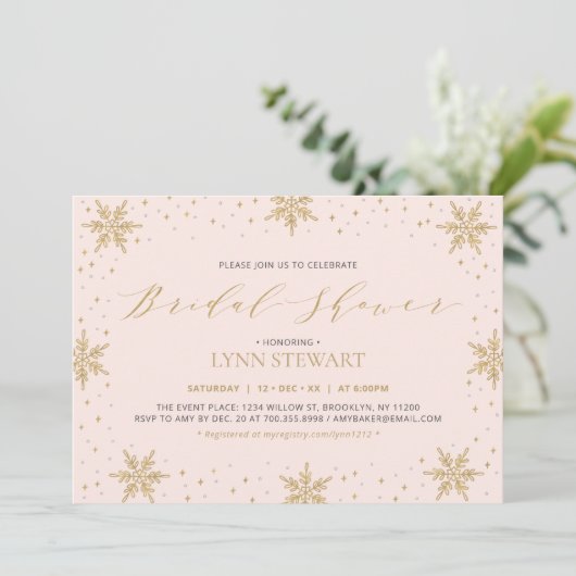 金ゴールド&ピンクウィンタースノーフレーク結婚のブライダルシャワー 招待状 (スタンド正面)