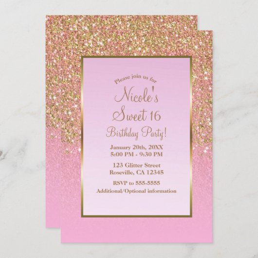 金ゴールド&ピンクグリッターグラムシャインスウィート16パーティー 招待状 (正面/裏面)