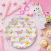 金ゴールド&ピンクバタフライ ペーパープレート (パーティー)