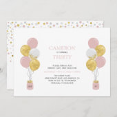 金ゴールド&ピンクバルーンモダン大人の誕生日パーティー 招待状 (正面/裏面)