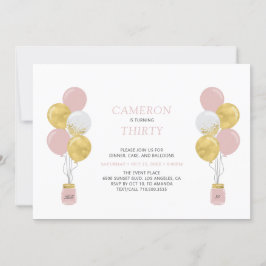 金ゴールド&ピンクバルーンモダン大人の誕生日パーティー 招待状