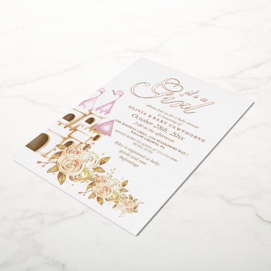 金ゴールド&ピンクフェアヤルプリンセスベビーシャワー 箔招待状 (回転した状態)