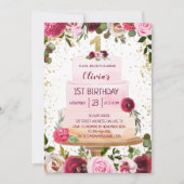 金ゴールド&ピンクフローラケーキ1歳招待状 招待状 (正面)