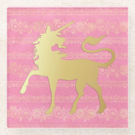 金ゴールド&ピンクボヘミアンパターン&ユニコーン ガラスコースター