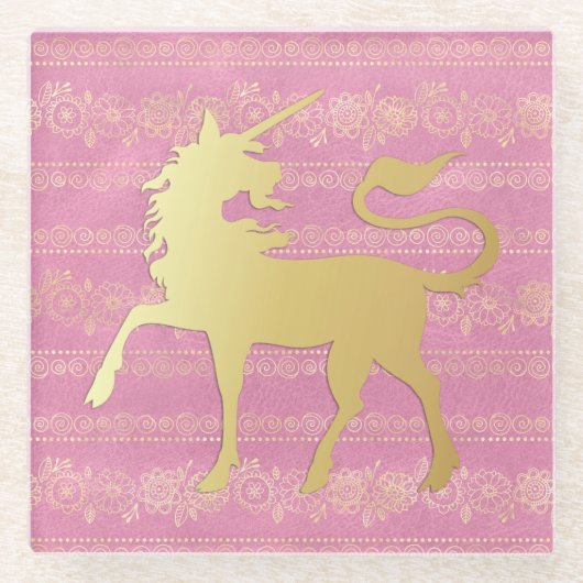 金ゴールド&ピンクボヘミアンパターン&ユニコーン ガラスコースター (正面)