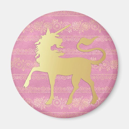金ゴールド&ピンクボヘミアンパターン&ユニコーン マグネット (正面)