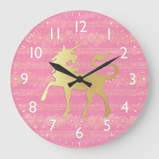 金ゴールド&ピンクボヘミアンパターン&ユニコーン ラージ壁時計 (正面)