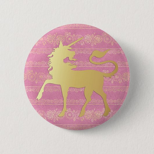 金ゴールド&ピンクボヘミアンパターン&ユニコーン 缶バッジ (正面)