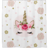 金ゴールド&ピンクユニコーンフラワー開花トレンディーかわいい シャワーカーテン (正面)