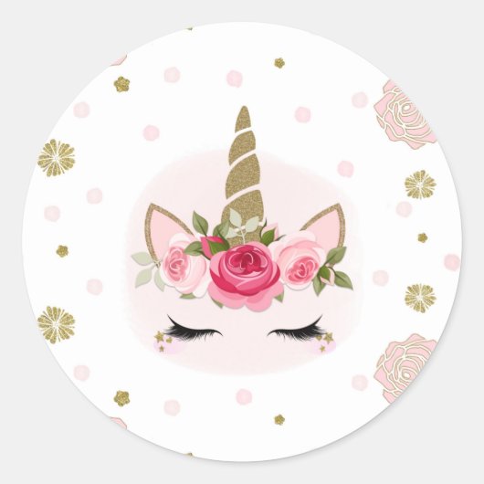 金ゴールド&ピンクユニコーンフラワー開花トレンディーパーティー ラウンドシール (正面)