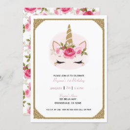 金ゴールド&ピンクユニコーンフローラバラ誕生会 招待状