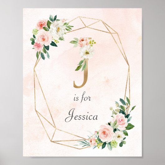 金ゴールド&ピンクローズベビーネームモノグラム ポスター (正面)