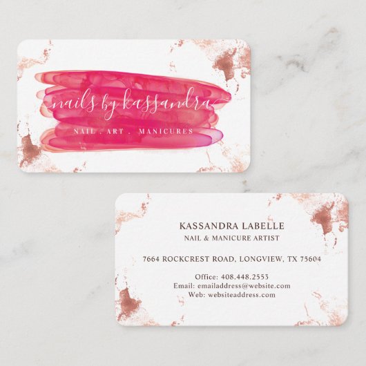 金ゴールド&ピンク爪、 ネイルポーランド語ブラシストローク&スクリプト名 名刺 (正面/裏面)