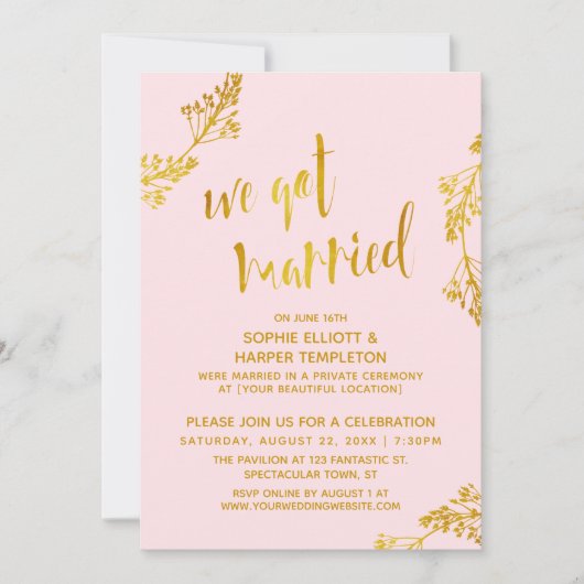 金ゴールド&ピンク私たち得は結婚した結婚式の後 招待状 (正面)
