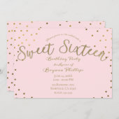 金ゴールド&ピンク赤面モダンスウィート16バースデーパーティー 招待状 (正面/裏面)