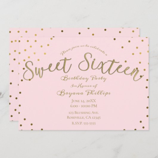 金ゴールド&ピンク赤面モダンスウィート16バースデーパーティー 招待状 (正面/裏面)