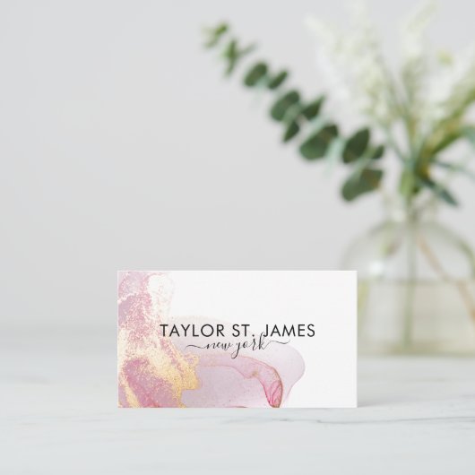 金ゴールド・ピンク・ウォーター・カラー・カ絵画リグラフィの(ばちゃばちゃ)跳ねる 名刺 (スタンド正面)