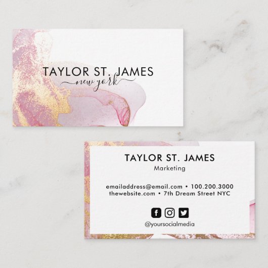 金ゴールド・ピンク・ウォーター・カラー・カ絵画リグラフィの(ばちゃばちゃ)跳ねる 名刺 (正面/裏面)