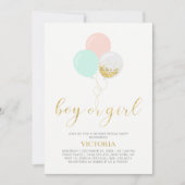 金ゴールド、ピンク、ミント |赤ちゃんシャワーの性別 招待状 (正面)