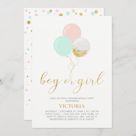 金ゴールド、ピンク、ミント |赤ちゃんシャワーの性別 招待状 (正面/裏面)