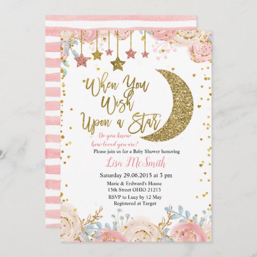 金ゴールド·ピンク·リトル·スター·ベビー·シャワー 招待状 (正面/裏面)