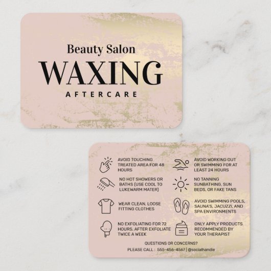 金ゴールド・ピンク・ワックス・アフターケア・カード 名刺 (正面/裏面)