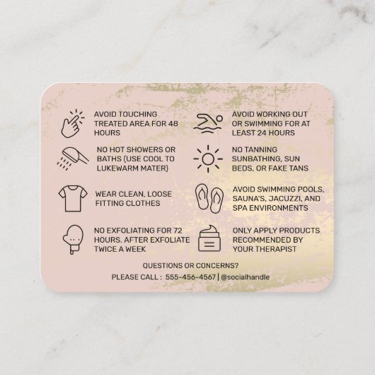 金ゴールド・ピンク・ワックス・アフターケア・カード 名刺 (裏面)