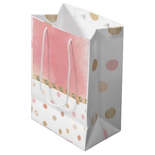金ゴールド，ピンク，水玉模様，パステルガーリー，甘い，シック ミディアムペーパーバッグ (正面アングル)