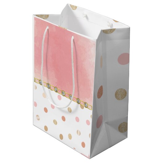 金ゴールド，ピンク，水玉模様，パステルガーリー，甘い，シック ミディアムペーパーバッグ (裏面アングル)